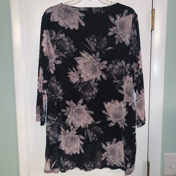 KASPER NWT 1Xlong sleeve tunic top blk&pink floral - Picture 2 of 7
